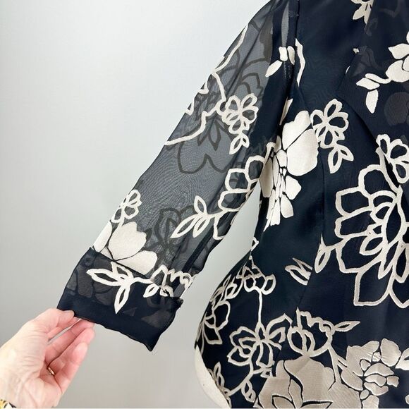 Alex Evenings Lined Blouse/Blazer 3/4 Sheer Sleeve Black/Taupe Floral Y2K Vibe M - Picture 5 of 12